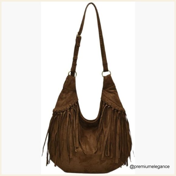 Handbags - Vintage Suede Fringe Hobo Bag Crossbody Tote Adjustable Strap Large Capacity